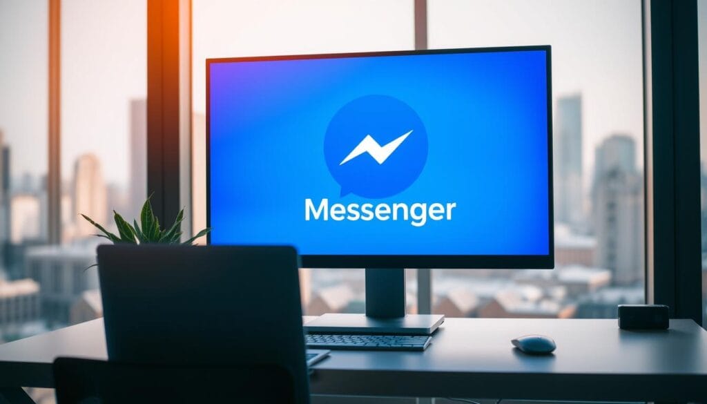 A modern office workspace with a large computer monitor displaying the Facebook Messenger logo. The screen is the focal point, surrounded by a clean, minimalist desk setup with a sleek laptop, wireless mouse, and a potted plant. Warm, natural lighting from a window creates a soft, inviting atmosphere. The background features a blurred city skyline, hinting at the global connectivity of the messaging app. The overall composition conveys a sense of professionalism, productivity, and the intuitive user experience of Messenger.