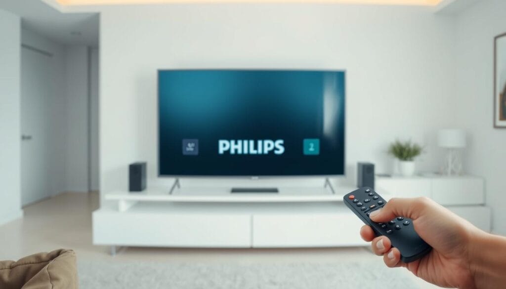 A modern, sleek TV set prominently displayed in the center, showcasing the Philips brand. In the foreground, a hand holds a remote control, highlighting the interaction between the user and the TV interface. The background depicts a minimalist living room setting, with a clean, neutral color palette and subtle lighting to emphasize the focus on the TV and the installation process. The overall composition conveys a sense of simplicity, clarity, and the ease of setting up applications on a Philips TV, without the presence of any distracting elements.