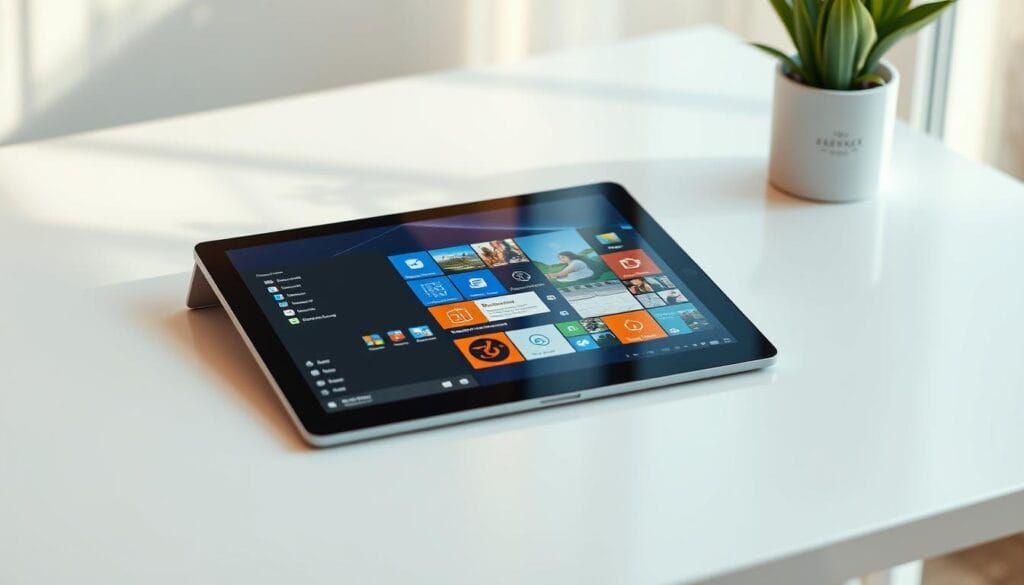 A modern tablet resting on a clean, minimalist desk, displaying the Windows 10 or 11 operating system interface. The screen shows a variety of productivity apps, digital note-taking, and touch-friendly controls, highlighting the seamless integration of a full-fledged desktop OS on a portable device. Soft, natural lighting illuminates the scene, and the tablet's sleek, premium design complements the workspace. The overall atmosphere conveys the advantages of running a powerful Windows system on a tablet, offering the best of both productivity and mobility. A modern tablet resting on a clean, minimalist desk, displaying the Windows 10 or 11 operating system interface. The screen shows a variety of productivity apps, digital note-taking, and touch-friendly controls, highlighting the seamless integration of a full-fledged desktop OS on a portable device. Soft, natural lighting illuminates the scene, and the tablet's sleek, premium design complements the workspace. The overall atmosphere conveys the advantages of running a powerful Windows system on a tablet, offering the best of both productivity and mobility.
