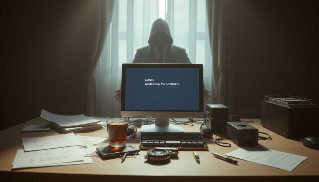 A serene, dimly lit computer desk showcasing the causes behind the Windows error 0xc000007b. In the foreground, a desktop PC displays an ominous error message, surrounded by scattered documents and a cup of cold coffee. The middle ground features various hardware components, including a faulty RAM module and a worn-out power supply, hinting at the underlying technical issues. In the background, a shadowy figure representing the complexities of the Windows operating system looms, casting an uncertain atmosphere. Soft lighting filters through a nearby window, creating a sense of contemplation and problem-solving. The overall scene conveys the frustration and uncertainty experienced when encountering this specific Windows error.