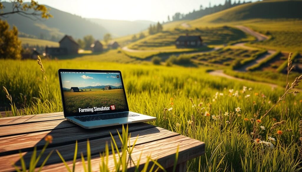 A serene, sun-dappled meadow, with lush green grass and vibrant wildflowers swaying gently in the breeze. In the foreground, a laptop rests on a rustic wooden table, its screen displaying the familiar interface of Farming Simulator 19. The scene is bathed in warm, golden light, with soft shadows casting a cozy, inviting atmosphere. The background features a distant, rolling hillside dotted with picturesque farmhouses and a winding dirt path, evocative of the peaceful, rural setting. The overall composition conveys a sense of tranquility and the joy of legal, carefree gaming in a natural, pastoral environment.
