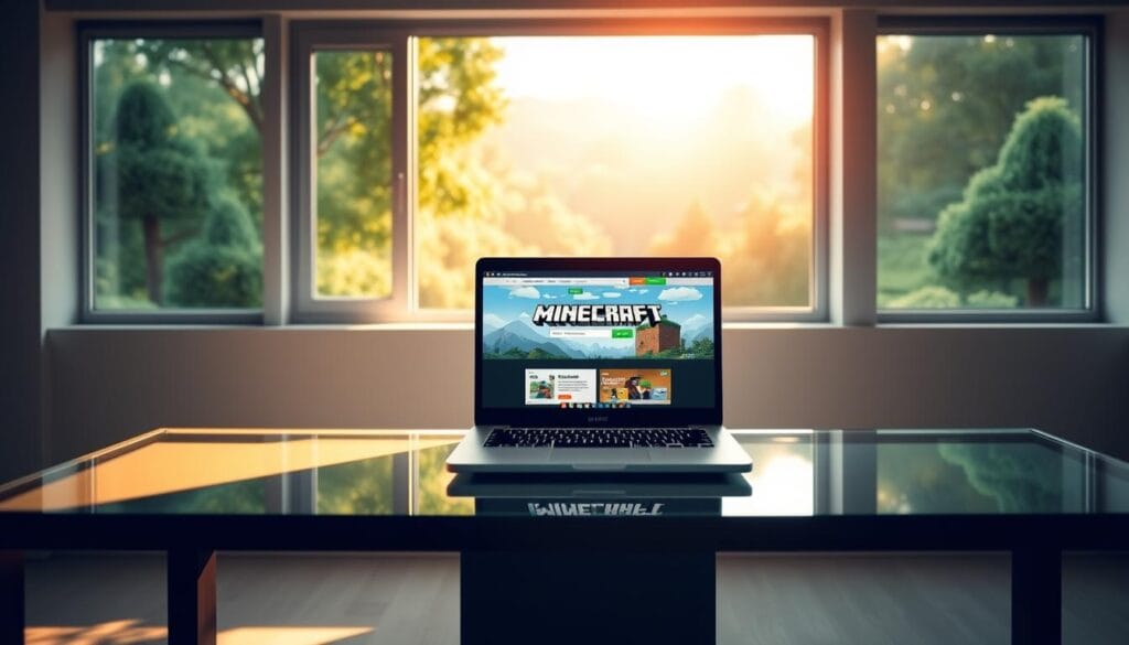 A serene, well-lit digital workspace with a modern, minimalist aesthetic. On a sleek, glass-topped desk, a laptop displays the Minecraft logo and homepage, inviting the viewer to explore legal download options. In the background, a warm, sunlit window overlooking a lush, verdant landscape evokes a sense of nature and tranquility. Soft shadows and diffused lighting create a calm, inviting atmosphere, drawing the eye to the central device and its digital contents. The overall scene conveys the ease and legality of accessing Minecraft through official channels. A serene, well-lit digital workspace with a modern, minimalist aesthetic. On a sleek, glass-topped desk, a laptop displays the Minecraft logo and homepage, inviting the viewer to explore legal download options. In the background, a warm, sunlit window overlooking a lush, verdant landscape evokes a sense of nature and tranquility. Soft shadows and diffused lighting create a calm, inviting atmosphere, drawing the eye to the central device and its digital contents. The overall scene conveys the ease and legality of accessing Minecraft through official channels.