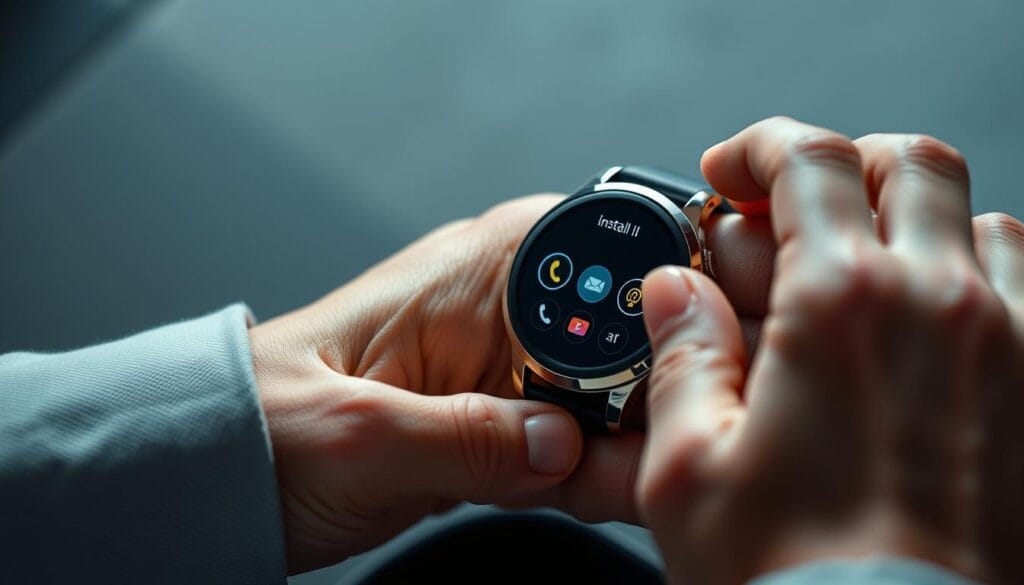 A set of hands carefully navigating the installation process on a smartwatch display, with a clean, minimalist user interface and intuitive app icons. The scene is lit with soft, directional lighting, casting subtle shadows and highlights to create depth and dimensionality. The watch face is rendered in a high level of detail, showcasing the elegant design and premium materials. The overall composition is balanced and visually appealing, conveying a sense of focus, precision, and the seamless integration of technology into daily life.