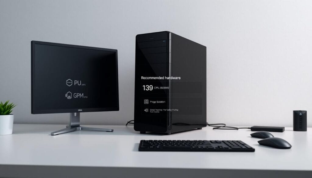 A sleek and minimalist computer desk setup, showcasing the system requirements for The Sims 4. The foreground features a modern desktop PC with clean lines and a glossy black finish. Surrounded by a well-organized array of peripherals, including a high-resolution monitor, a wireless keyboard and mouse. The middle ground displays a subtle infographic highlighting the recommended hardware specifications, such as CPU, RAM, and GPU, rendered in a neutral color palette that complements the overall aesthetic. The background is a softly lit, subtly textured workspace, conveying a sense of professionalism and attention to detail, perfect for planning a smooth gaming experience.