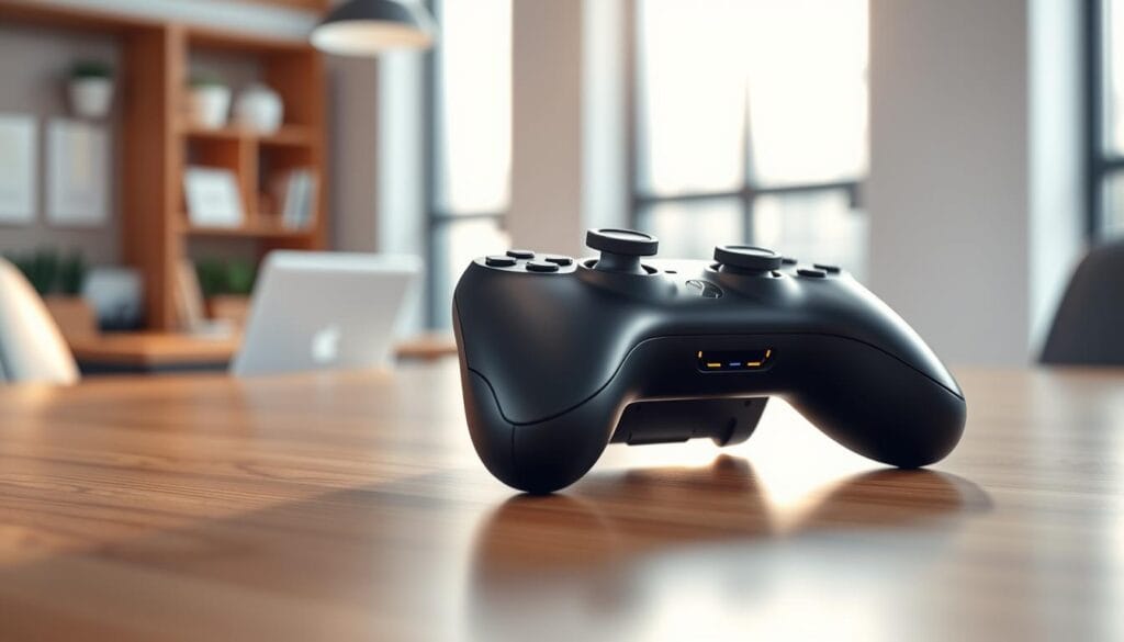 A sleek and modern Bluetooth controller device, its smooth matte black casing reflecting the soft, warm lighting of an office environment. The device sits atop a wooden desk, its subtle LED indicators glowing gently. In the background, a clean, minimalist workspace with a large window allowing natural daylight to filter in, casting a serene, contemplative atmosphere. The controller's simple, elegant design is the focal point, showcasing its functionality and integration into the professional setting. A sleek and modern Bluetooth controller device, its smooth matte black casing reflecting the soft, warm lighting of an office environment. The device sits atop a wooden desk, its subtle LED indicators glowing gently. In the background, a clean, minimalist workspace with a large window allowing natural daylight to filter in, casting a serene, contemplative atmosphere. The controller's simple, elegant design is the focal point, showcasing its functionality and integration into the professional setting.