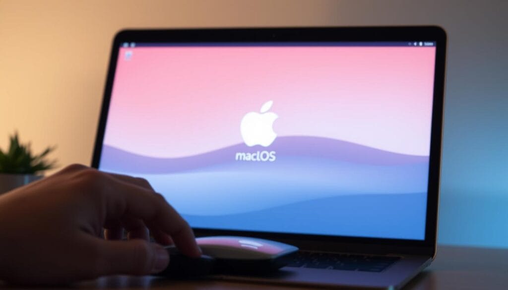 A sleek, minimalist desktop with a glowing Apple logo, illuminating the process of macOS installation. Soft, diffused lighting creates a sense of focus and calm. In the foreground, a hand carefully guides the mouse, navigating through the intuitive installer interface. The background subtly fades into a serene, blurred workspace, hinting at the seamless integration of the new operating system. Clean lines, subtle gradients, and a touch of Apple's signature aesthetic convey the elegance and simplicity of the installation process. A sleek, minimalist desktop with a glowing Apple logo, illuminating the process of macOS installation. Soft, diffused lighting creates a sense of focus and calm. In the foreground, a hand carefully guides the mouse, navigating through the intuitive installer interface. The background subtly fades into a serene, blurred workspace, hinting at the seamless integration of the new operating system. Clean lines, subtle gradients, and a touch of Apple's signature aesthetic convey the elegance and simplicity of the installation process.