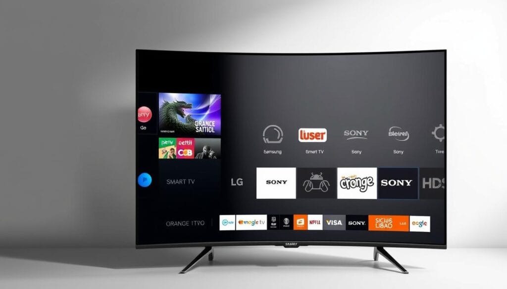 A sleek, modern Smart TV interface showcasing the compatibility of Orange TV Go with various Smart TV platforms. The foreground features the Orange TV Go logo and user interface, prominently displayed on a high-resolution, curved-screen television. The middle ground depicts multiple Smart TV brand icons, such as Samsung, LG, Sony, and Android TV, seamlessly integrated with the Orange TV Go platform. The background is a clean, minimalist design in shades of gray and white, highlighting the versatility and cross-platform compatibility of the service. Soft, diffused lighting creates a professional, technologically-advanced atmosphere, emphasizing the seamless integration of Orange TV Go across different Smart TV ecosystems. A sleek, modern Smart TV interface showcasing the compatibility of Orange TV Go with various Smart TV platforms. The foreground features the Orange TV Go logo and user interface, prominently displayed on a high-resolution, curved-screen television. The middle ground depicts multiple Smart TV brand icons, such as Samsung, LG, Sony, and Android TV, seamlessly integrated with the Orange TV Go platform. The background is a clean, minimalist design in shades of gray and white, highlighting the versatility and cross-platform compatibility of the service. Soft, diffused lighting creates a professional, technologically-advanced atmosphere, emphasizing the seamless integration of Orange TV Go across different Smart TV ecosystems.