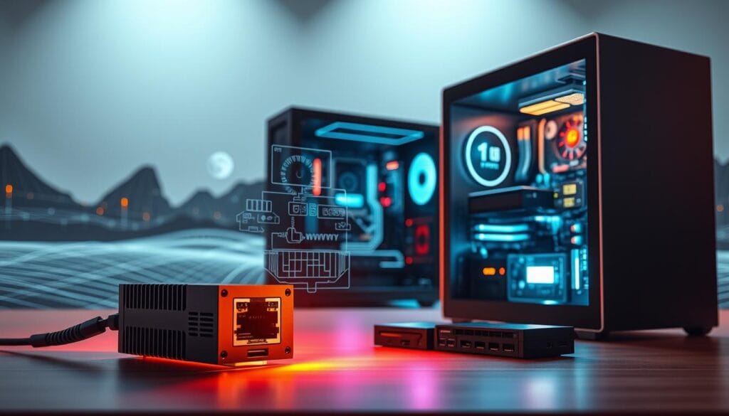 A sleek, modern desktop computer displaying various system components and hardware drivers, illuminated by warm, directional lighting. In the foreground, a stylized network adapter and other peripheral devices are prominently featured, emphasizing their importance in the system's functionality. The middle ground showcases the computer's internal structure, with digital schematics and technical diagrams overlaying the components. In the background, a minimalist, technological landscape with pulsing data streams and visual cues conveys the interconnectedness and dynamic nature of the system. The overall composition highlights the crucial role of drivers in enabling seamless communication and integration between the hardware and software elements, creating a visually striking and informative illustration. A sleek, modern desktop computer displaying various system components and hardware drivers, illuminated by warm, directional lighting. In the foreground, a stylized network adapter and other peripheral devices are prominently featured, emphasizing their importance in the system's functionality. The middle ground showcases the computer's internal structure, with digital schematics and technical diagrams overlaying the components. In the background, a minimalist, technological landscape with pulsing data streams and visual cues conveys the interconnectedness and dynamic nature of the system. The overall composition highlights the crucial role of drivers in enabling seamless communication and integration between the hardware and software elements, creating a visually striking and informative illustration.