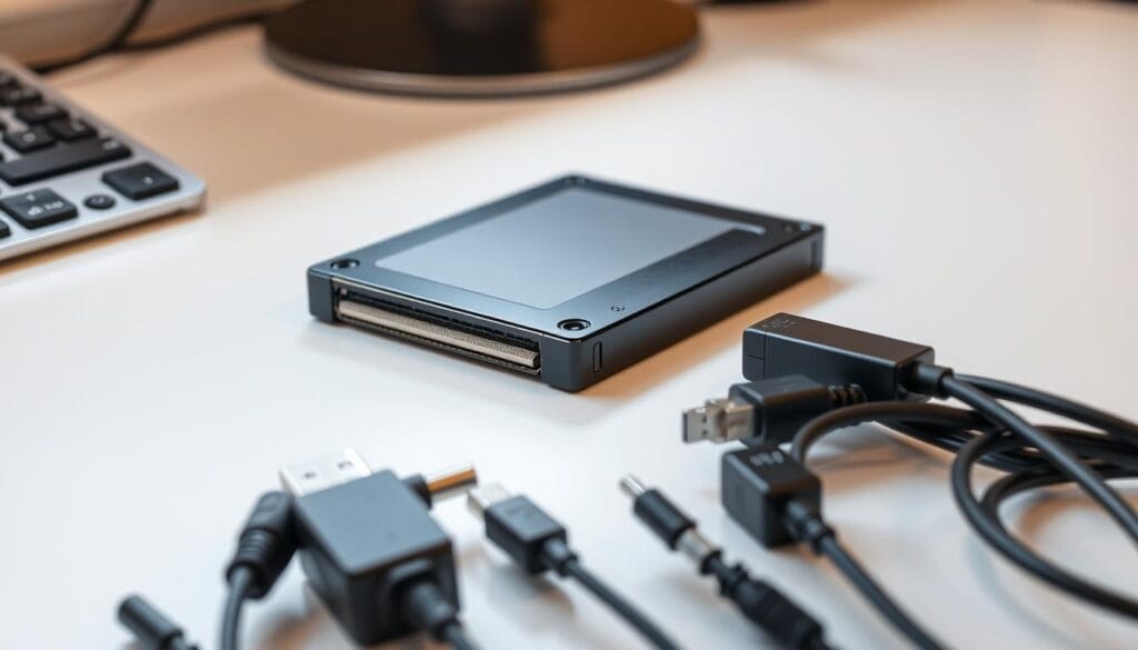 A sleek, modern desktop setup with a brand new SSD drive prominently displayed. The SSD is placed on a clean, minimalist desk, bathed in soft, directional lighting that accentuates its shiny, metallic surface. In the foreground, various cables and adapters are neatly organized, suggesting the preparation process for installing an operating system. The background is slightly blurred, keeping the focus on the SSD. The overall scene conveys a sense of anticipation and readiness, hinting at the exciting installation process to come. A sleek, modern desktop setup with a brand new SSD drive prominently displayed. The SSD is placed on a clean, minimalist desk, bathed in soft, directional lighting that accentuates its shiny, metallic surface. In the foreground, various cables and adapters are neatly organized, suggesting the preparation process for installing an operating system. The background is slightly blurred, keeping the focus on the SSD. The overall scene conveys a sense of anticipation and readiness, hinting at the exciting installation process to come.