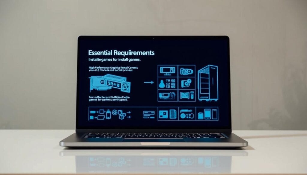 A sleek, modern laptop displayed prominently in the foreground, its screen illuminated with a technical diagram showcasing the essential hardware requirements for installing games. The laptop is placed on a clean, minimalist desk, with a soft, even lighting that accentuates the laptop's design and the clarity of the displayed information. In the middle ground, a grid of various computer components and peripherals, such as a high-performance graphics card, a powerful processor, and sufficient memory, are arranged in an organized manner, highlighting the key hardware specifications needed for optimal gaming performance. The background features a blurred, subtle pattern or texture that provides a sense of depth and professionalism, without distracting from the main focus of the image.