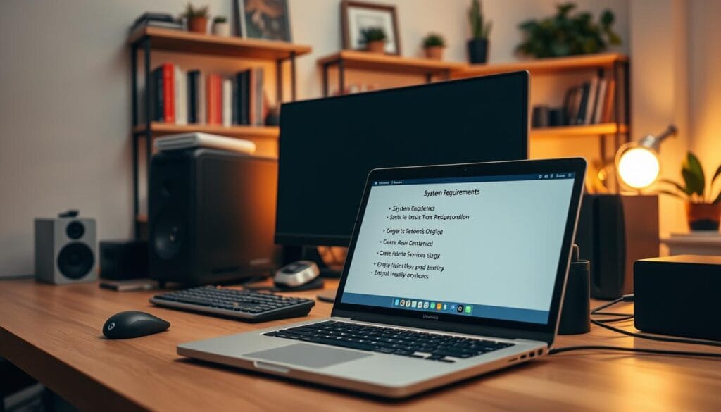A spacious desk setup with a laptop, monitor, and various computer components arranged neatly. The lighting is soft and warm, creating a cozy, productive atmosphere. The foreground features the laptop displaying a system requirements checklist, while the middle ground showcases the monitor, mouse, and keyboard. The background includes shelves with books, plants, and other office decor, subtly hinting at a home office or study space. The composition is well-balanced, with a clean and minimalist aesthetic that aligns with the subject of Ubuntu installation. A spacious desk setup with a laptop, monitor, and various computer components arranged neatly. The lighting is soft and warm, creating a cozy, productive atmosphere. The foreground features the laptop displaying a system requirements checklist, while the middle ground showcases the monitor, mouse, and keyboard. The background includes shelves with books, plants, and other office decor, subtly hinting at a home office or study space. The composition is well-balanced, with a clean and minimalist aesthetic that aligns with the subject of Ubuntu installation.