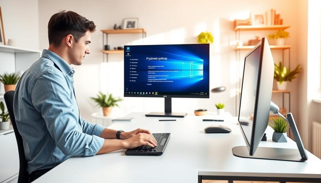 A spacious, well-lit home office setup, with a sleek modern desk, a state-of-the-art desktop computer, and a high-resolution monitor displaying the Windows setup screen. The user, dressed in a casual yet professional attire, is intently focused on the screen, hands poised over the keyboard, carefully navigating the various menus and options to ensure a smooth and efficient Windows installation process. The room is bathed in a warm, natural light, creating a serene and productive atmosphere. The background features neatly organized shelves, potted plants, and tasteful decor, conveying a sense of organization and attention to detail. Overall, the image should capture the essence of the "Przygotowanie systemu i wymagania sprzętowe" section, showcasing the user's technical expertise and the importance of properly setting up the Windows operating system. A spacious, well-lit home office setup, with a sleek modern desk, a state-of-the-art desktop computer, and a high-resolution monitor displaying the Windows setup screen. The user, dressed in a casual yet professional attire, is intently focused on the screen, hands poised over the keyboard, carefully navigating the various menus and options to ensure a smooth and efficient Windows installation process. The room is bathed in a warm, natural light, creating a serene and productive atmosphere. The background features neatly organized shelves, potted plants, and tasteful decor, conveying a sense of organization and attention to detail. Overall, the image should capture the essence of the "Przygotowanie systemu i wymagania sprzętowe" section, showcasing the user's technical expertise and the importance of properly setting up the Windows operating system.