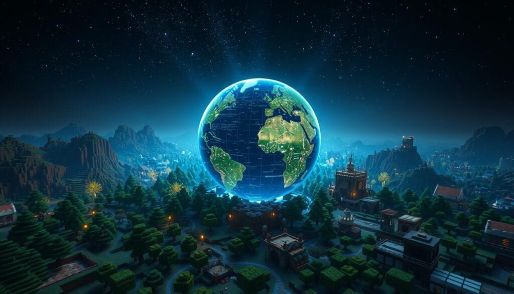 A sprawling 3D landscape depicting the global popularity of the Minecraft game. In the foreground, a detailed scene of a vibrant Minecraft world, with blocky trees, mountains, and structures. In the middle ground, a globe spinning slowly, with glowing data streams and visualizations highlighting the game's worldwide reach. In the background, a starry night sky, with rays of light and a sense of cosmic grandeur. The lighting is cinematic, casting dramatic shadows and highlights, with a moody, atmospheric tone. The camera angle is slightly elevated, giving a panoramic, bird's-eye view of the scene. The overall composition conveys the immense scale and widespread appeal of the Minecraft phenomenon. A sprawling 3D landscape depicting the global popularity of the Minecraft game. In the foreground, a detailed scene of a vibrant Minecraft world, with blocky trees, mountains, and structures. In the middle ground, a globe spinning slowly, with glowing data streams and visualizations highlighting the game's worldwide reach. In the background, a starry night sky, with rays of light and a sense of cosmic grandeur. The lighting is cinematic, casting dramatic shadows and highlights, with a moody, atmospheric tone. The camera angle is slightly elevated, giving a panoramic, bird's-eye view of the scene. The overall composition conveys the immense scale and widespread appeal of the Minecraft phenomenon.