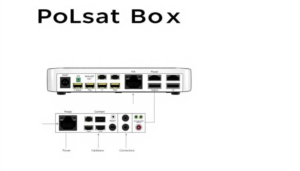 A technical schematic of the Polsat Box, showcasing its various ports, connectors, and specifications. The device is presented in a clean, minimalist design against a plain white background, allowing the key components to be the focal point. The image should convey a sense of technical precision and functionality, highlighting the connectivity options, power requirements, and any other relevant hardware details that would be important for users to understand the system's technical requirements. The overall tone should be informative and practical, reflecting the needs of the target audience for the article.