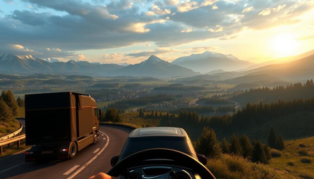 A vast, detailed landscape of the Euro Truck Simulator 2 gameplay experience. In the foreground, a high-detailed semi-truck navigates winding roads, its cabin shining with realistic lighting. The middle ground features a sprawling, meticulously modeled countryside, with picturesque villages, rolling hills, and dense forests. The background showcases towering mountains and a dramatically lit sky, creating a sense of scale and grandeur. The entire scene is bathed in a warm, golden hour glow, evoking a sense of serenity and immersion. The camera angle is positioned to capture the sense of being behind the wheel, providing a vivid and engaging perspective of the gameplay. A vast, detailed landscape of the Euro Truck Simulator 2 gameplay experience. In the foreground, a high-detailed semi-truck navigates winding roads, its cabin shining with realistic lighting. The middle ground features a sprawling, meticulously modeled countryside, with picturesque villages, rolling hills, and dense forests. The background showcases towering mountains and a dramatically lit sky, creating a sense of scale and grandeur. The entire scene is bathed in a warm, golden hour glow, evoking a sense of serenity and immersion. The camera angle is positioned to capture the sense of being behind the wheel, providing a vivid and engaging perspective of the gameplay.