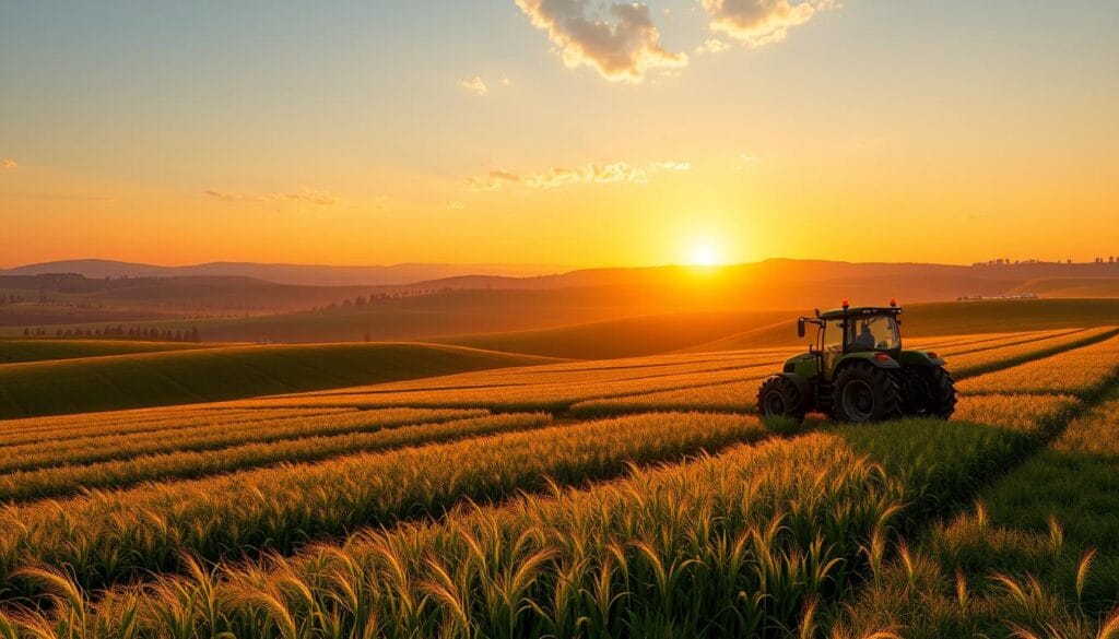 A vast, lush farmland stretches out under a warm, golden sunset. In the foreground, a detailed, photorealistic farming simulator video game display is set against a backdrop of rolling hills, swaying crops, and a meticulously rendered tractor navigating the fields. The scene is illuminated by natural, soft lighting, capturing the serene atmosphere of a thriving agricultural landscape. The camera angle is slightly elevated, providing a panoramic view that showcases the depth and scale of this immersive farming simulation experience. The overall mood is one of tranquility and the rewards of skilled, responsible farm management.
