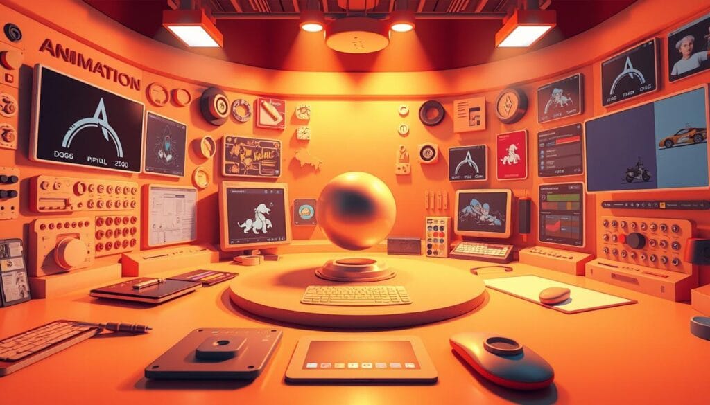 A vibrant 3D digital animation workspace with a central pivot point, surrounded by a collection of various animation tools, settings, and intuitive controls. The scene is illuminated by warm, directional lighting, casting soft shadows and highlights that accentuate the depth and dimensionality of the interface elements. The camera angle is positioned to provide an engaging, dynamic perspective, showcasing the user-friendly layout and the flexibility of the Pivot Animator software. The overall atmosphere conveys a sense of creativity, productivity, and the joy of bringing static images to life through this powerful animation tool.
