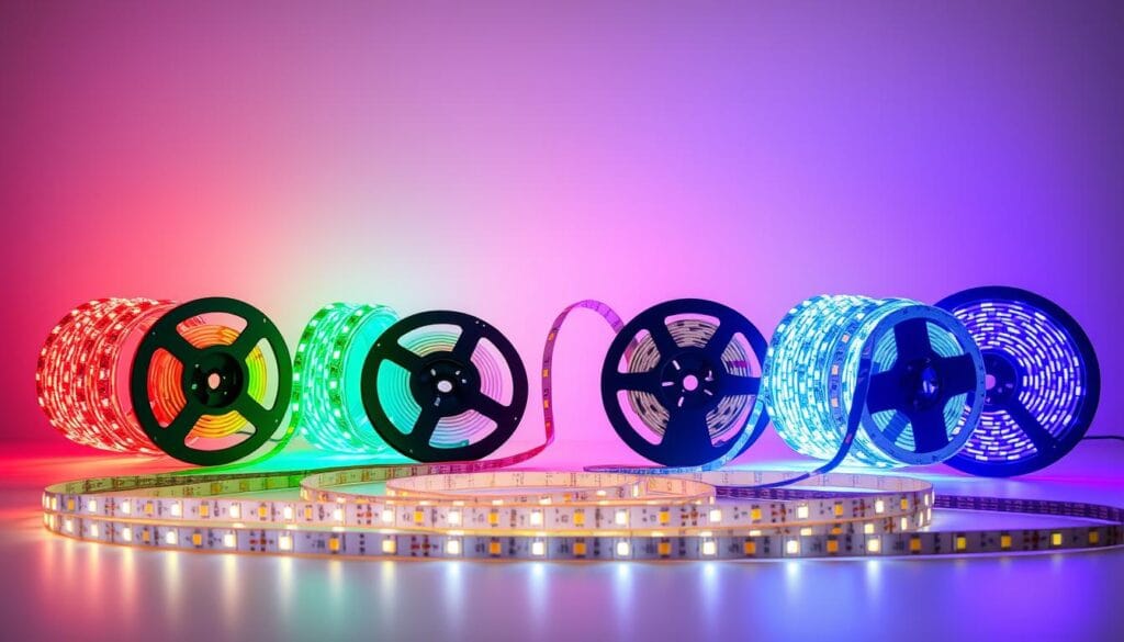 A vibrant display of LED tape varieties, captured in a clean, well-lit studio setting. In the foreground, different types of LED strips are neatly arranged - RGB, RGBW, SMD, and COB - showcasing their unique properties and applications. The middle ground features a subtle backdrop, allowing the LEDs to take center stage. The lighting is carefully designed to accentuate the color and quality of the LED components, creating a professional, informative composition. The overall mood is one of technical precision and visual clarity, inviting the viewer to explore the nuances of these versatile lighting solutions. A vibrant display of LED tape varieties, captured in a clean, well-lit studio setting. In the foreground, different types of LED strips are neatly arranged - RGB, RGBW, SMD, and COB - showcasing their unique properties and applications. The middle ground features a subtle backdrop, allowing the LEDs to take center stage. The lighting is carefully designed to accentuate the color and quality of the LED components, creating a professional, informative composition. The overall mood is one of technical precision and visual clarity, inviting the viewer to explore the nuances of these versatile lighting solutions.