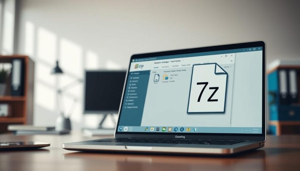 A well-lit desk with a laptop open, displaying the 7-Zip file manager interface. In the foreground, a 7z file icon is prominently visible, conveying the central focus of the image. The background features a clean, minimalist office setting, with subtle hints of organization and productivity. The lighting is soft and natural, creating a calm and professional atmosphere. The camera angle is positioned to provide a clear, unobstructed view of the laptop screen, allowing the user to easily understand the process of opening a 7z file on a Windows system.