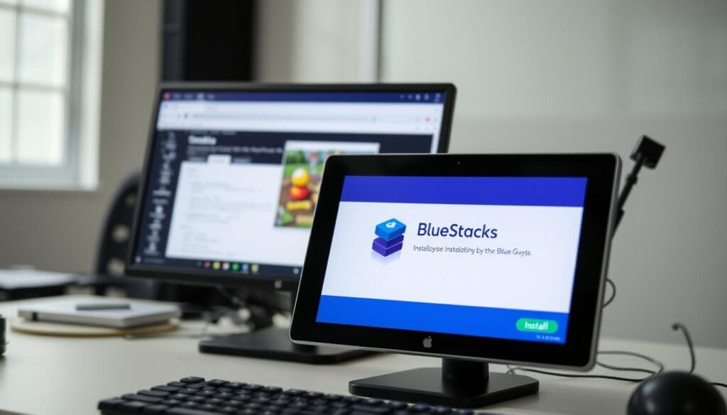 A well-lit desktop scene showcasing the installation process of BlueStacks on a personal computer. In the foreground, the BlueStacks logo and installation window are prominently displayed, indicating the user's progress. The middle ground features the computer screen, with windows and applications visible, creating a sense of an active workflow. The background subtly depicts the office or home environment, with minimal distractions to maintain the focus on the installation task at hand. The overall mood is one of clarity, productivity, and technical proficiency, reflecting the user's intent to set up the necessary tools to enjoy the "Stumble Guys" gaming experience on their PC. A well-lit desktop scene showcasing the installation process of BlueStacks on a personal computer. In the foreground, the BlueStacks logo and installation window are prominently displayed, indicating the user's progress. The middle ground features the computer screen, with windows and applications visible, creating a sense of an active workflow. The background subtly depicts the office or home environment, with minimal distractions to maintain the focus on the installation task at hand. The overall mood is one of clarity, productivity, and technical proficiency, reflecting the user's intent to set up the necessary tools to enjoy the "Stumble Guys" gaming experience on their PC.
