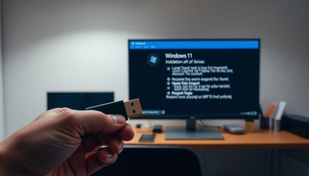 A well-lit, detailed step-by-step process of creating a Windows 11 installation media. In the foreground, a person's hand holding a USB drive, symbolizing the creation of the bootable device. In the middle ground, a desktop computer monitor displaying the Windows 11 setup interface, showcasing the various options and steps involved. In the background, a clean, minimalist workspace with office supplies, conveying a professional, organized atmosphere. The lighting is soft and evenly distributed, highlighting the various elements and creating a sense of focus and clarity. The overall scene conveys the methodical, technical nature of the Windows 11 installation process without Microsoft account or internet connection.
