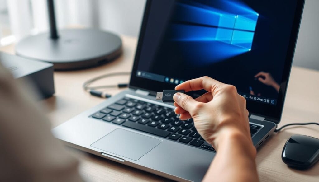 A well-lit, high-resolution image of a person's hands carefully inserting a USB flash drive into a laptop's USB port, illustrating the process of preparing a Windows installation media. The laptop is prominently displayed on a clean, uncluttered desk, with a Windows logo visible on the screen. The scene conveys a sense of focus and attention to detail, capturing the technical and practical aspects of the task at hand. A well-lit, high-resolution image of a person's hands carefully inserting a USB flash drive into a laptop's USB port, illustrating the process of preparing a Windows installation media. The laptop is prominently displayed on a clean, uncluttered desk, with a Windows logo visible on the screen. The scene conveys a sense of focus and attention to detail, capturing the technical and practical aspects of the task at hand.