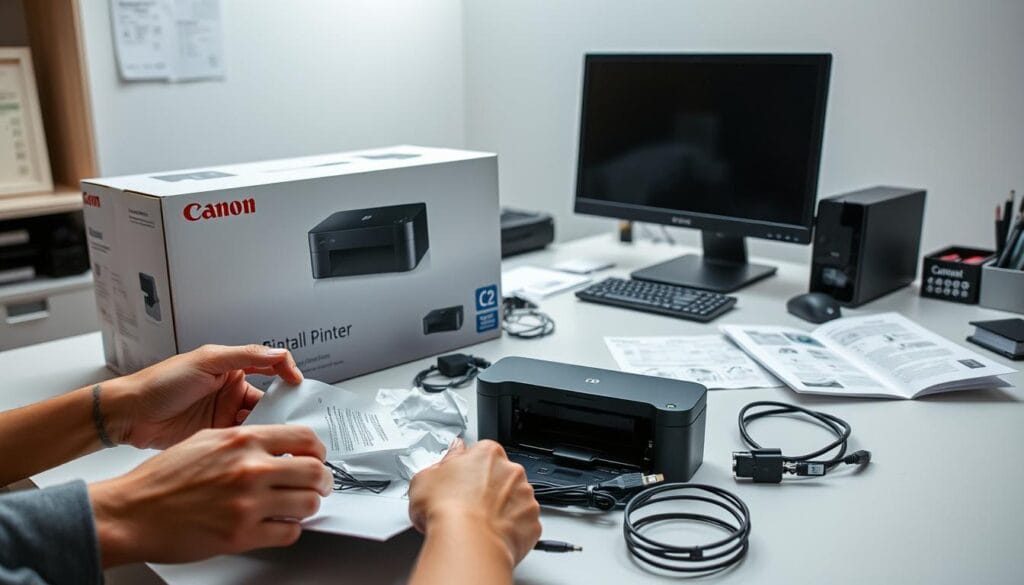 A well-lit office desk with a Canon printer box, cables, and installation materials neatly arranged. In the foreground, a user's hands carefully unpacking the printer components. The mid-ground shows the printer assembly process, with diagrams and manuals open nearby. The background features a clean, minimalist workspace with a desktop computer and office supplies, conveying a sense of productivity and focus. Soft, directional lighting creates depth and highlights the textures of the materials. The overall scene reflects the preparedness and attention to detail required for a successful Canon printer installation.
