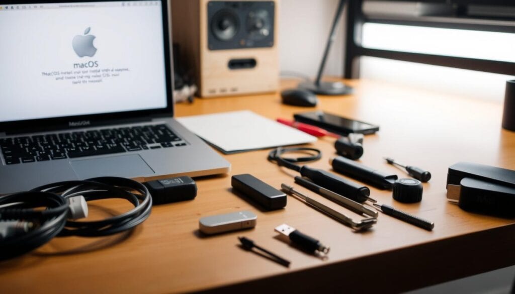 A well-lit workbench with a laptop, a fresh install of macOS, a USB drive, and various tools such as screwdrivers, cables, and adapters laid out neatly. The scene conveys a sense of preparation and organization, with the laptop screen displaying macOS installation instructions. The background is slightly blurred, keeping the focus on the foreground elements. The lighting is soft and diffused, creating a calm and focused atmosphere, perfect for a DIY technology project. A well-lit workbench with a laptop, a fresh install of macOS, a USB drive, and various tools such as screwdrivers, cables, and adapters laid out neatly. The scene conveys a sense of preparation and organization, with the laptop screen displaying macOS installation instructions. The background is slightly blurred, keeping the focus on the foreground elements. The lighting is soft and diffused, creating a calm and focused atmosphere, perfect for a DIY technology project.