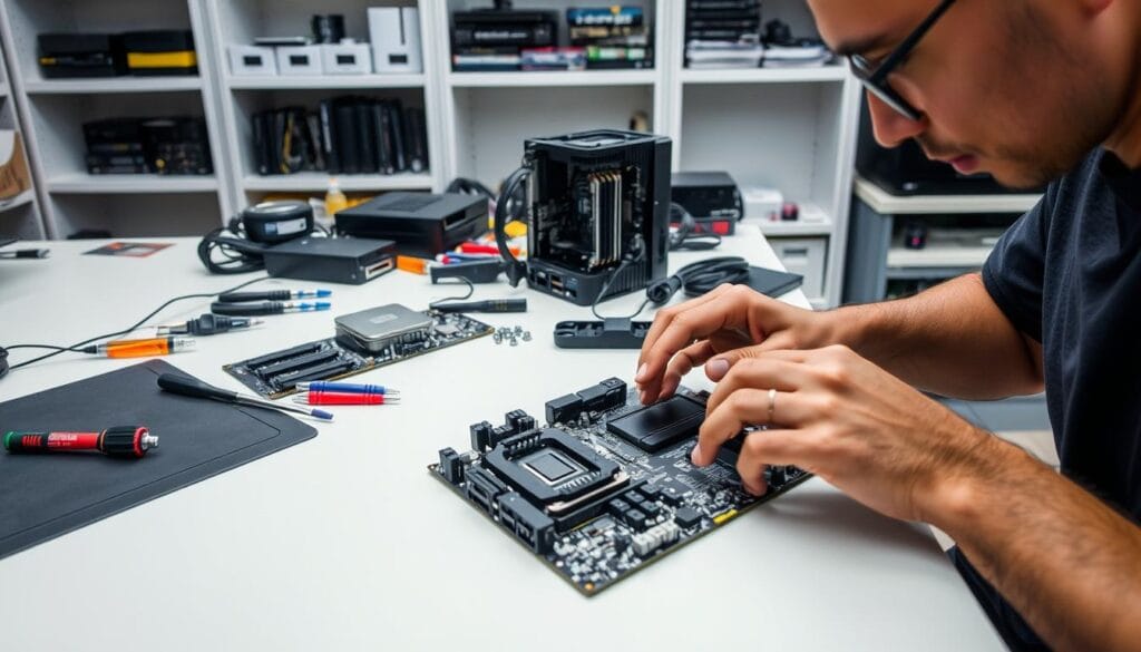 A well-lit workbench with various computer components and tools neatly arranged, including a motherboard, RAM modules, a CPU, screwdrivers, and an anti-static mat. In the foreground, a person's hands carefully inspecting the motherboard, their face reflecting a focused expression. The background features a clean, organized workspace with shelves of additional hardware supplies, conveying a sense of preparedness and attention to detail for the upcoming system installation. A well-lit workbench with various computer components and tools neatly arranged, including a motherboard, RAM modules, a CPU, screwdrivers, and an anti-static mat. In the foreground, a person's hands carefully inspecting the motherboard, their face reflecting a focused expression. The background features a clean, organized workspace with shelves of additional hardware supplies, conveying a sense of preparedness and attention to detail for the upcoming system installation.
