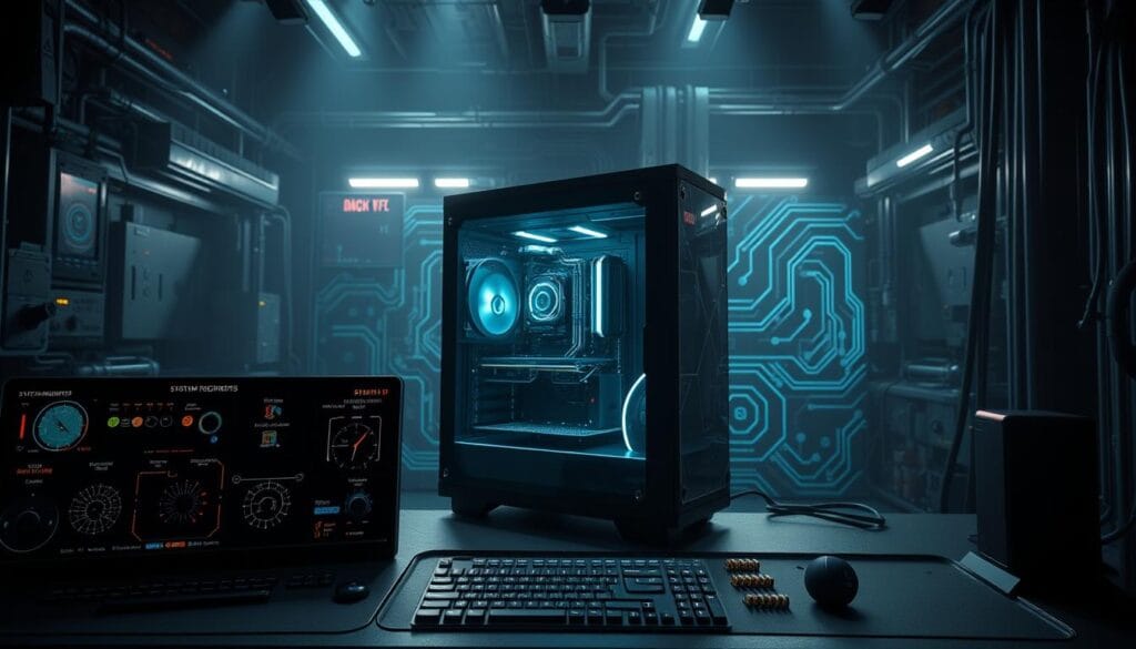 A well-organized tech system display with a central fabric-like interface showcasing system requirements for a Minecraft mod. The foreground features a sleek dashboard with various toggles, switches, and readouts. The middle ground presents a transparent 3D model of a PC tower, highlighting the key internal components. The background depicts a dimly lit industrial setting with metallic textures, cables, and glowing circuit patterns, creating a moody, high-tech ambiance. Dramatic studio lighting casts deep shadows, emphasizing the technological sophistication. The overall composition conveys a sense of power, precision, and attention to detail, perfectly suited to illustrate the "Wymagania i przygotowanie środowiska" section.