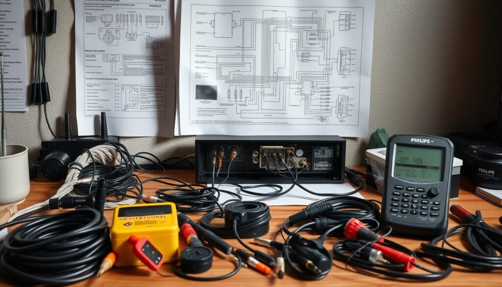 A well-organized workbench filled with essential tools and materials needed for the television signal installation process. The foreground showcases a variety of cables, connectors, and a signal meter, neatly arranged and ready for use. The middle ground features a partially disassembled Philips TV set, revealing the input/output ports and offering a clear view of the technical setup. In the background, a detailed technical diagram or schematic provides visual guidance on the wiring and connection requirements. The lighting is soft and directional, casting subtle shadows that emphasize the precision and attention to detail required for a successful installation. The overall atmosphere conveys a sense of preparation, professionalism, and technical expertise.