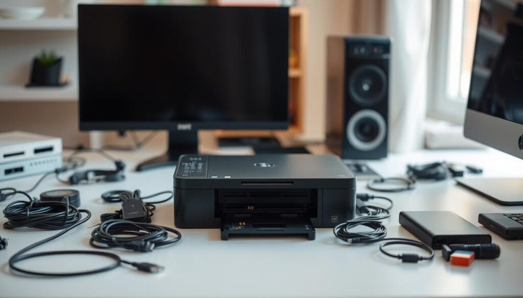 A well-organized workspace with a desktop computer, printer, and various cables and accessories laid out neatly. The printer is the central focus, illuminated by soft, natural lighting filtering in through a nearby window. The background is slightly blurred, creating a sense of depth and emphasizing the preparation process. The overall scene conveys a calm, focused atmosphere, ready for the installation of the printer.