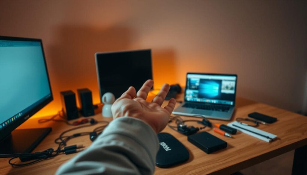 A workbench illuminated by warm, soft lighting, with a desktop computer, laptop, and various cables and tools neatly arranged. In the middle ground, a hand reaches out to connect the devices, the focus on the process of migrating data and programs. The background is a minimalist, uncluttered space, conveying a sense of organization and attention to detail. The overall scene exudes a calm, focused atmosphere, reflecting the careful preparation required for a successful computer migration.