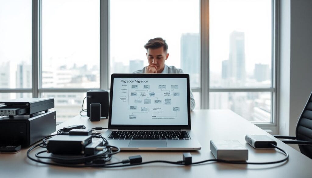 An airy, well-lit office setting with a large desk and modern computer equipment. In the foreground, a sleek laptop stands open, its screen displaying a migration workflow diagram. Atop the desk, various cables, adapters, and external hard drives are neatly organized, symbolizing the tools needed for a successful computer migration. The middle ground features a person, dressed in business casual attire, intently examining the laptop screen, deep in thought about the migration process. The background showcases large windows overlooking a cityscape, bathing the scene in a soft, natural light and creating a sense of calm productivity. The overall mood is one of focused efficiency, as the person contemplates the smooth transition of programs and data to a new computer system.