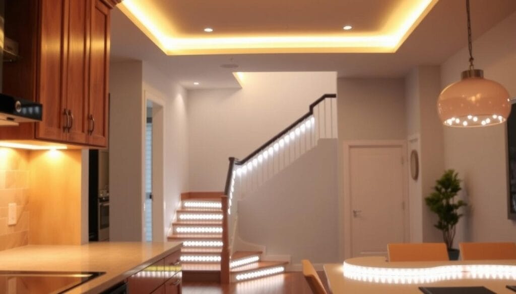 An indoor scene showcasing the diverse applications of LED strip lighting. In the foreground, LED strips are installed under kitchen cabinets, casting a warm, even glow on the countertop. In the middle ground, LED strips outline the staircase, creating a soft, ambient light. In the background, LED strips are embedded in the ceiling, illuminating the space with a modern, architectural aesthetic. The scene conveys a sense of elegance and functionality, highlighting how LED strips can enhance both the form and function of a living space. An indoor scene showcasing the diverse applications of LED strip lighting. In the foreground, LED strips are installed under kitchen cabinets, casting a warm, even glow on the countertop. In the middle ground, LED strips outline the staircase, creating a soft, ambient light. In the background, LED strips are embedded in the ceiling, illuminating the space with a modern, architectural aesthetic. The scene conveys a sense of elegance and functionality, highlighting how LED strips can enhance both the form and function of a living space.