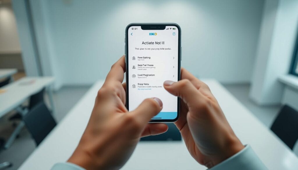 An office scene with a person's hands interacting with a smartphone display, showcasing the step-by-step process of activating the IKO mobile banking application. The foreground features the smartphone screen in focus, with clear UI elements and gestures demonstrating the activation flow. The middle ground depicts the person's hands manipulating the phone, conveying a sense of interaction and control. The background is a minimalist office setting, with clean lines and neutral tones to keep the focus on the primary action. Soft, diffused lighting creates a calm, professional atmosphere, and a slight camera angle from above provides an optimal view of the task at hand.