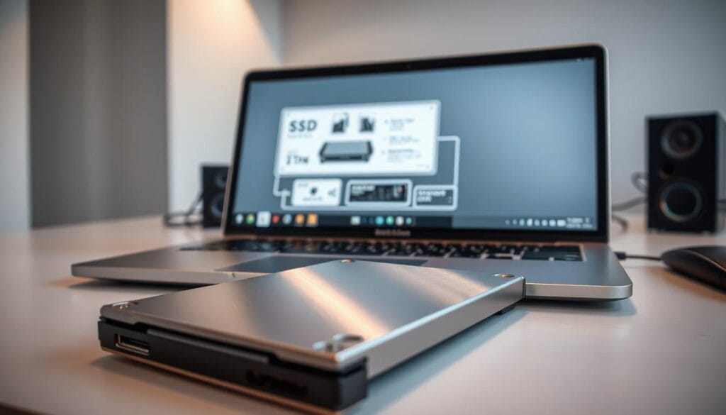 An unboxing of a brand new SSD drive sits on a modern, minimalist desk. The drive's sleek silver metal exterior glistens under soft, warm overhead lighting, casting subtle shadows across the surface. In the foreground, a laptop computer displays a technical diagram outlining the installation process, guiding the viewer through the step-by-step introduction to installing the drive. The background features a clean, airy environment, conveying a sense of focus and productivity. The overall scene evokes a mood of excitement and anticipation for the forthcoming system upgrade. An unboxing of a brand new SSD drive sits on a modern, minimalist desk. The drive's sleek silver metal exterior glistens under soft, warm overhead lighting, casting subtle shadows across the surface. In the foreground, a laptop computer displays a technical diagram outlining the installation process, guiding the viewer through the step-by-step introduction to installing the drive. The background features a clean, airy environment, conveying a sense of focus and productivity. The overall scene evokes a mood of excitement and anticipation for the forthcoming system upgrade.