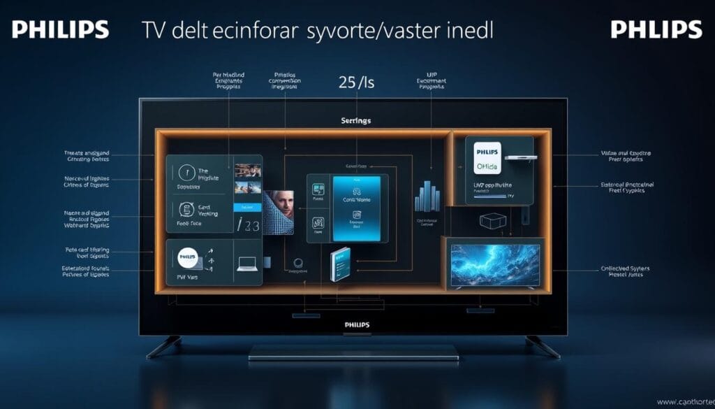 Detailed technical diagram of Philips TV operating systems without Android. Showcases the different core functionalities, software components, and hardware integration. Sleek, minimalist style with clean lines and geometric forms. Subtle use of brand colors and logos to establish identity. Cutaway views to reveal internal architecture. Balanced composition with clear hierarchy and emphasis on key features. Rendered with high-fidelity photorealistic textures and materials. Crisp, well-lit scene with dramatic lighting to enhance the technical aesthetic. Precise camera angle and perspective to maximize the informative visual impact.