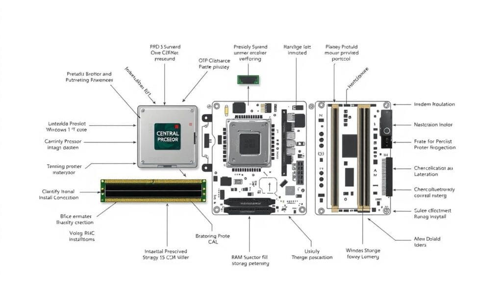 High-resolution, detailed technical diagram depicting the hardware requirements for installing Windows 11 on a computer. Rendered in a clean, minimalist style with a white background. Components are clearly labeled and organized, showcasing the system specifications in a visually appealing and informative manner. The diagram includes a central processor, RAM, storage drive, motherboard, and other key hardware elements necessary for running Windows 11 smoothly. The layout is structured to guide the viewer's eye through the essential requirements in a logical, easy-to-understand manner. Overall, the image conveys a sense of technical precision and functionality to support the article's section on preparing a computer for the Windows 11 installation process. High-resolution, detailed technical diagram depicting the hardware requirements for installing Windows 11 on a computer. Rendered in a clean, minimalist style with a white background. Components are clearly labeled and organized, showcasing the system specifications in a visually appealing and informative manner. The diagram includes a central processor, RAM, storage drive, motherboard, and other key hardware elements necessary for running Windows 11 smoothly. The layout is structured to guide the viewer's eye through the essential requirements in a logical, easy-to-understand manner. Overall, the image conveys a sense of technical precision and functionality to support the article's section on preparing a computer for the Windows 11 installation process.