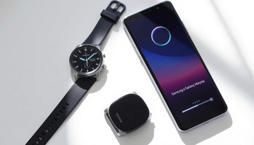 Prepare devices for application installation: a Samsung Galaxy Watch 4 or 5 smartwatch and a compatible smartphone on a modern Android operating system, arranged on a minimalist white background. Soft, directional lighting illuminates the devices from the side, creating subtle shadows and highlights that accentuate their sleek, premium design. The scene conveys a sense of readiness and anticipation, hinting at the seamless connectivity and productivity to come.