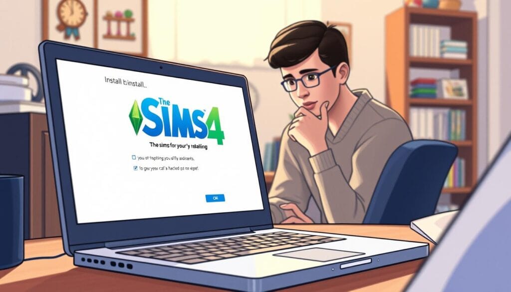Prompt A softly lit, detailed illustration showcasing the initial steps of installing The Sims 4 game. In the foreground, a laptop or desktop computer display shows the game's installation window, with clearly labeled buttons and options. The middle ground features a thoughtful gamer, studying the screen intently, surrounded by a cozy, inviting workspace with hints of their personality. The background subtly frames the scene, perhaps with a bookshelf, desk accessories, or other domestic elements that create a warm, welcoming atmosphere. The overall mood is one of anticipation and excitement, as the player embarks on the journey of setting up their Sims experience.